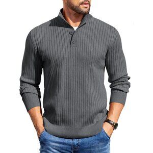 Men's Quarter Button Sweater Long Sleeve Stand Collar Sweater Knitted Dark Grey